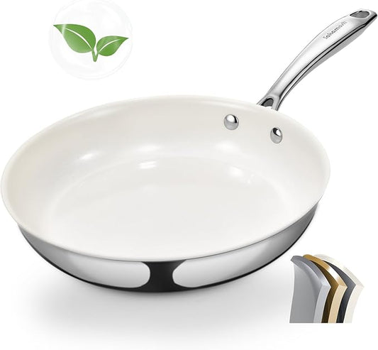 9.5" Tri-Ply Stainless Steel Frying Pan, Nonstick Ceramic Pan, Skillet with Stay-Cool Handle, Non Toxic, PFAS PFOA PTFE Free, Dishwasher & Oven Safe, Induction, Compatible with All Cooktops