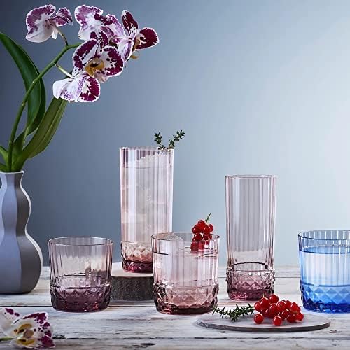 Bormioli Rocco America '20s Lilac Rose Cooler Glasses, Set of 6 - Made in Italy Tainted Crystal Glass with Diamond-Cut Design - 16.5 oz Barware Essentials for Cocktails & Spirits