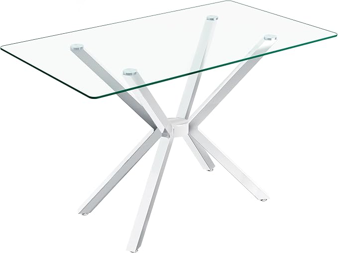 47" Tempered Glass Dining Table for 4, Modern Kitchen Table Rectangle Top, Geometric Metal Leg, for Apartment Dining Room Restaurant (Silver)