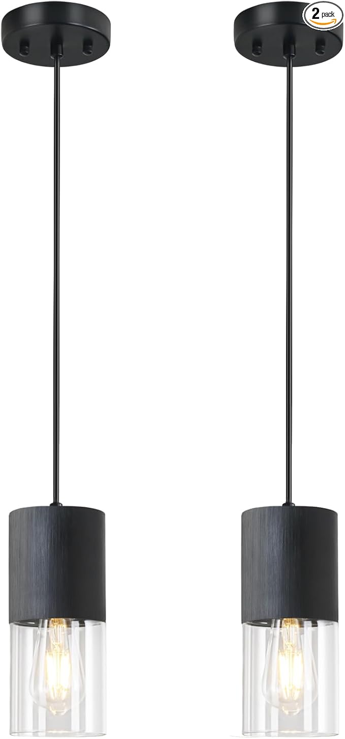 2-Pack Black Pendant Light Fixtures, Adjustable Modern Pendant Lights for Kitchen Island, Industrial Clear Glass Pendant Lights for Dining Table Hallway Bedroom Living Room