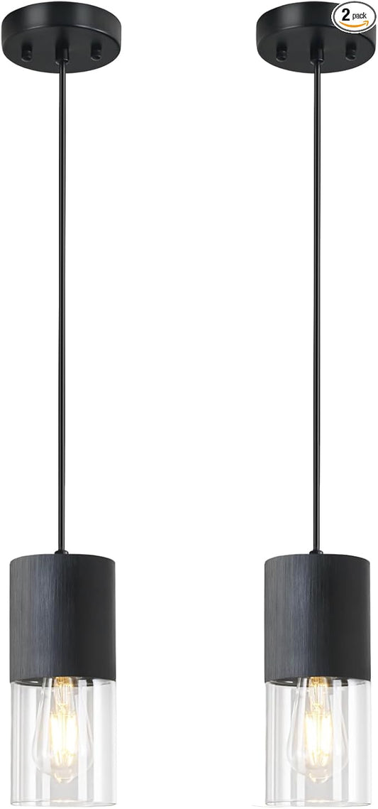 2-Pack Black Pendant Light Fixtures, Adjustable Modern Pendant Lights for Kitchen Island, Industrial Clear Glass Pendant Lights for Dining Table Hallway Bedroom Living Room