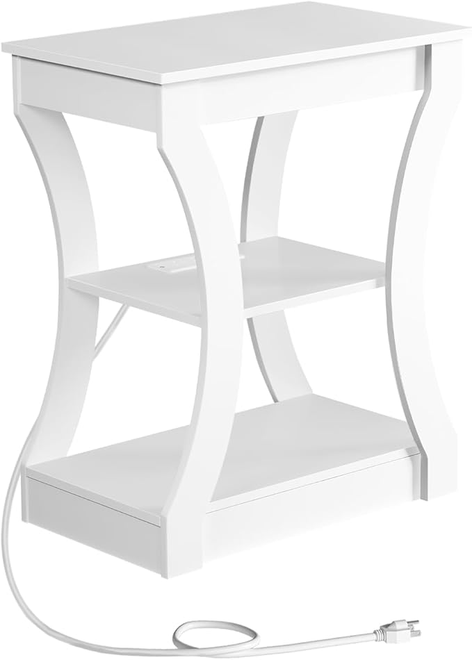 End Table with Charging Station, Side Table with USB Ports and Outlets, 3 Tier Nightstand with Storage Shelf for Small Spaces, Living Room, Bedroom, White ETWT53E01