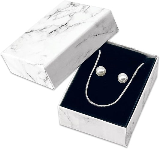 TheDisplayGuys - 24-Pack Cardboard Kraft Paper Jewelry Gift Boxes w. Velvet Padding - Earrings - Marble White - #11 (2.1" x 1.6" x 0.8")
