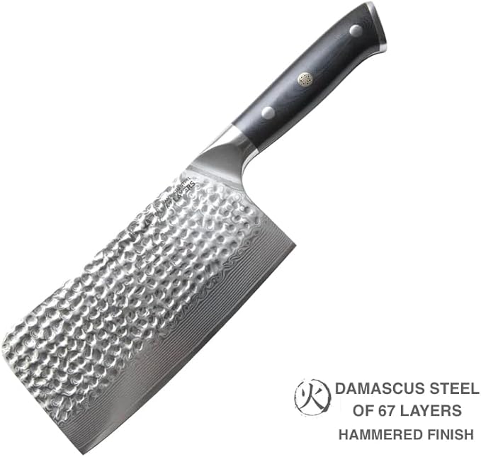 KANKA Grill 7" Damascus Steel Meat Cleaver Knife - Heavy Duty Butcher, Chopper, Razor Sharp, 67 Layers, G10 Black Fiberglass Handle, High Carbon Blade for Meat, Vegetables & Bone Cutting