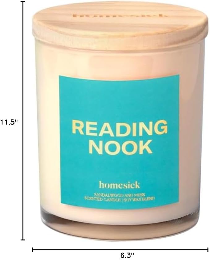 Homesick Scented Candles for Home (Reading Nook) - 7.5 oz Long-Lasting Natural Soy Wax Blend Jar Candle Gift for Women & Men for All Occasions, 30-35 Hours Burn Time - Notes of Sandalwood & Musk