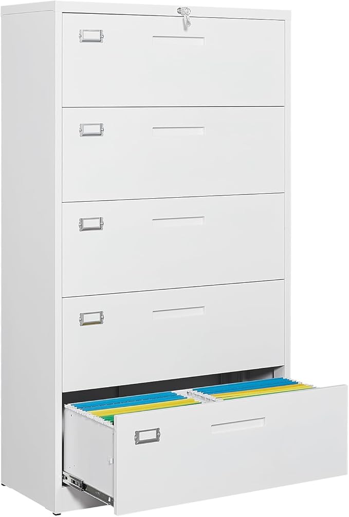 Lateral Filing Cabinet,5 Drawer File Cabinet with Lock,Office Lateral File Cabinets for Legal/Letter A4 Size,Require Assembly, White