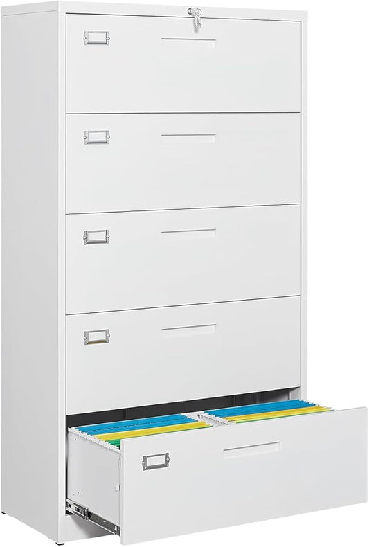 Lateral Filing Cabinet,5 Drawer File Cabinet with Lock,Office Lateral File Cabinets for Legal/Letter A4 Size,Require Assembly, White