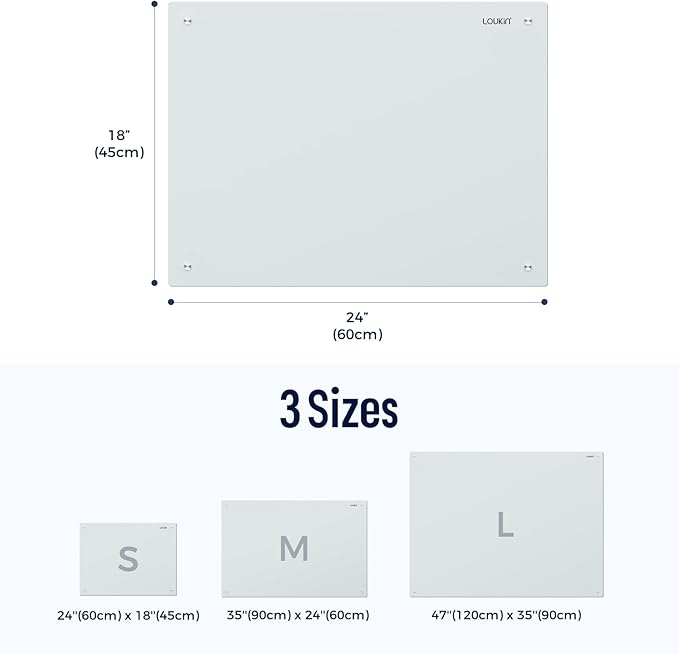 Loukin Glass Whiteboard for Wall, Magnetic Dry Erase Glass Board, Framless Surface White Board for Office, School, Dry Erase Whiteboard Set Includes Cleaner & Eraser & Marker (24" x 18")