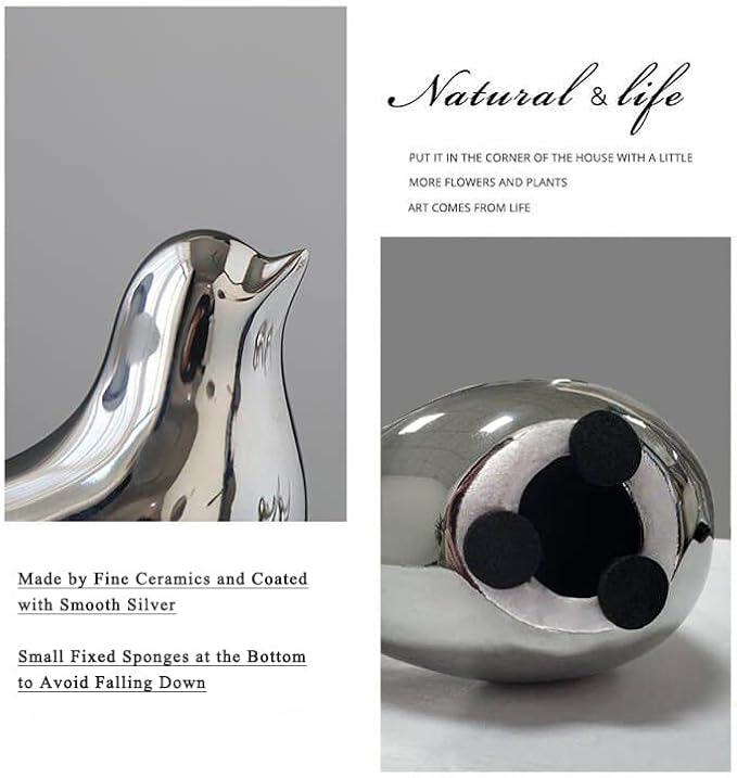 FANTESTICRYAN Small Birds Statues Gold Home Decor Modern Style Figurine Decorative Ornaments for Living Room, Bedroom, Office Desktop, Cabinets (M&L, Silver)