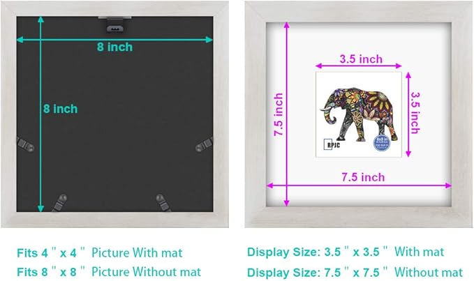 RPJC 8x8 Soild Wood Picture Frame with High Definition Glass Display Pictures 4x4 with Mat or 8x8 Without Mat for Wall Mounting Hanging Photo Frame Rustic White
