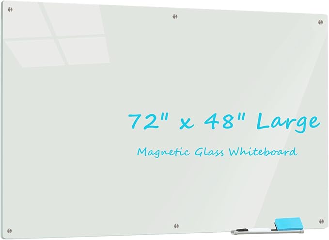 Glass Whiteboard 6' x 4', Magnetic Glass Dry Erase Board Frameless Wall Mounting, Large White Board for Office Home & School