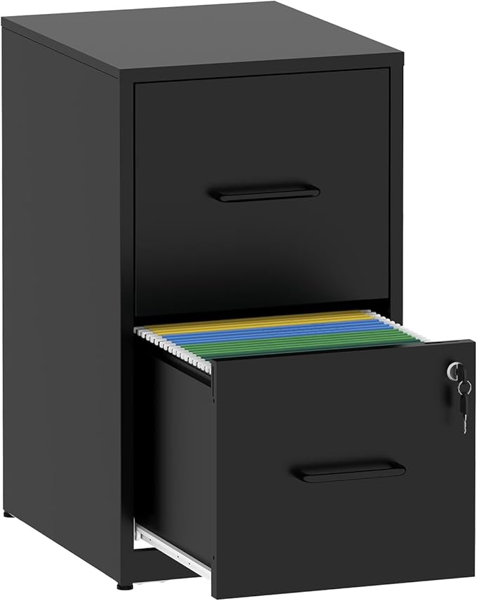 AQY 2 Drawer File Cabinet with Lock, Metal Black Filing Cabinet for Home Office, 18" Deep Heavy Duty Vertical Storage Cabinet for Hanging A4/Letter/Legal Size Files, Assembly Require