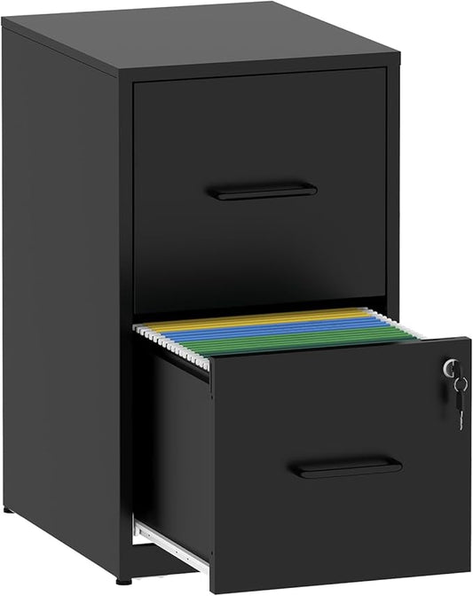 AQY 2 Drawer File Cabinet with Lock, Metal Black Filing Cabinet for Home Office, 18" Deep Heavy Duty Vertical Storage Cabinet for Hanging A4/Letter/Legal Size Files, Assembly Require