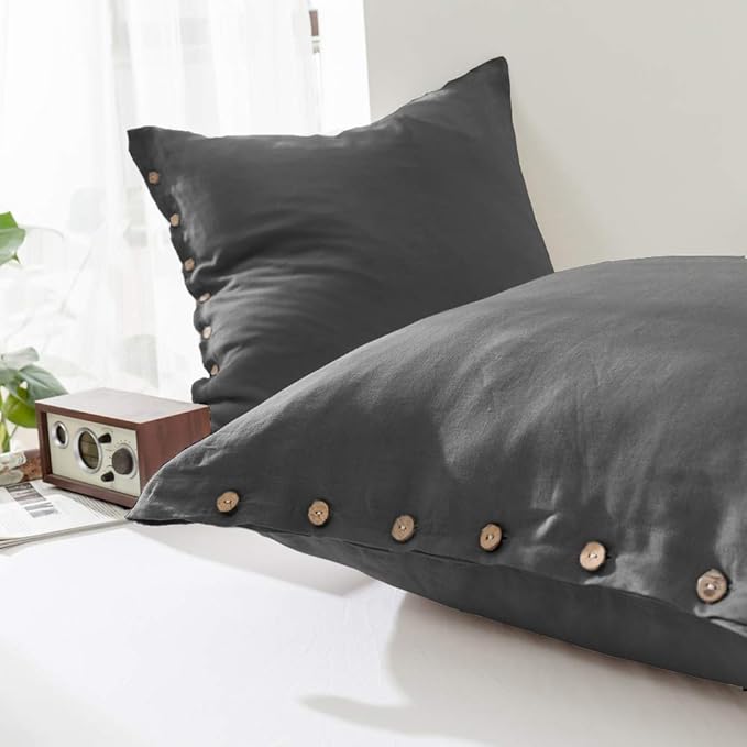 Simple&Opulence 100% Washed Linen Euro Sham Cover, 26 x 26 Inch, Decorative Bed Pillow Cover with Coconut Button, Solid Color Pillow Shams Set of 2 (Charcoal Grey)