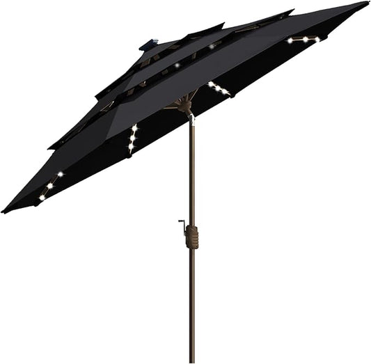 EliteShade USA 10-Year-Non-Fading Solar 9ft 3 Tiers Market Umbrella with 80 LED Lights Patio Umbrellas Outdoor Table with Ventilation,Black