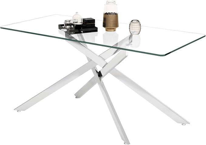 60" Rectangular Glass Dining Table Modern Kitchen Glass Top Table for 6 with Silver Metal Legs, Clear Dining Table Kitchen Table for Home Office Dining Room
