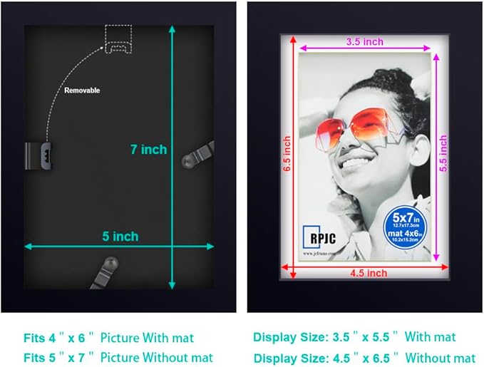 RPJC 5x7 inch Picture Frame Made of Solid Wood and High Definition Glass Display Pictures 4x6 with Mat or 5x7 Without Mat for Wall Mounting Photo Frame Black