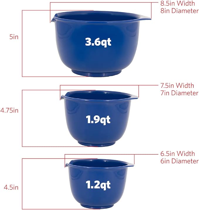 GLAD Mixing Bowls with Pour Spout, Set of 3 Nesting Design Saves Space Non-Slip, BPA Free, Dishwasher Safe Plastic Kitchen Cooking and Baking Supplies, Blue