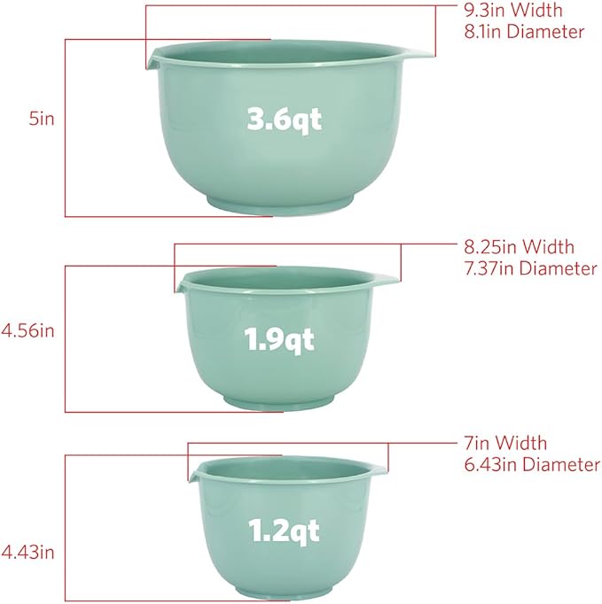 GLAD Mixing Bowls with Pour Spout, Set of 3 | Nesting Design Saves Space | Non-Slip, BPA Free, Dishwasher Safe Plastic | Kitchen Cooking and Baking Supplies, Sage Green