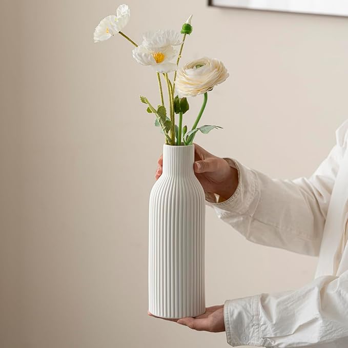 Modern Ceramic Vases Set of 3, White Ribbed Decorative Vases, Shelf Table Centerpiece for Home Decor (White)