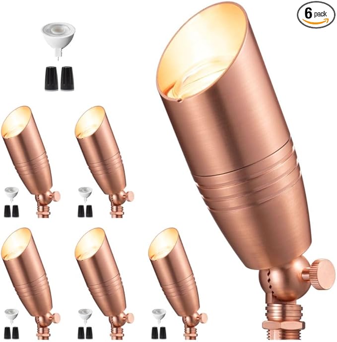Low Voltage Spot Lights - Solid Brass Landscape Spotlight Wired, 12V Outdoor LED Bullet Uplights, Waterproof Electric Copper for Patio Wall with 4000K Bright White MR16 Bulb (6 Pack)