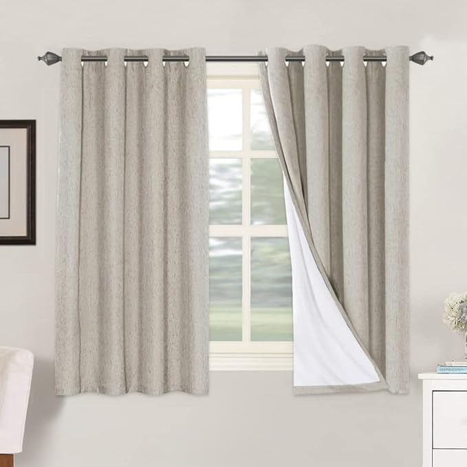 H.VERSAILTEX Linen Blackout Curtains 54 Inches Long 100% Absolutely Blackout Thermal Insulated Textured Linen Look Curtain Draperies Anti-Rust Grommet, Energy Saving with White Liner, 2 Panels, Stone