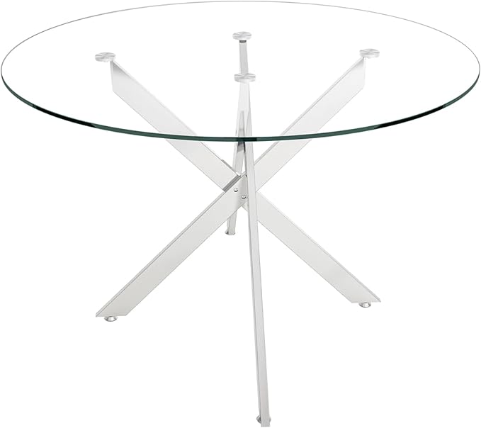 Round Glass Dining Table,Glass Dining Room Table with Tempered Glass Tabletop and Metal Legs, Modern Style Round Kitchen Table for Home, Kitchen, Dining Room