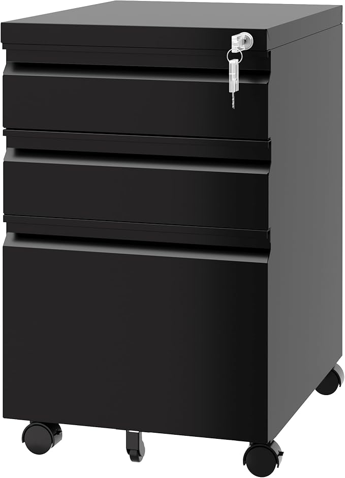 3 Drawer Vertical File Cabinet, Black Mobile Filling Cabinet with Lock for Legal/Letter Size, Pre-Built Office Storage File Cabinet with Wheels Under Desk - Fully Assembled