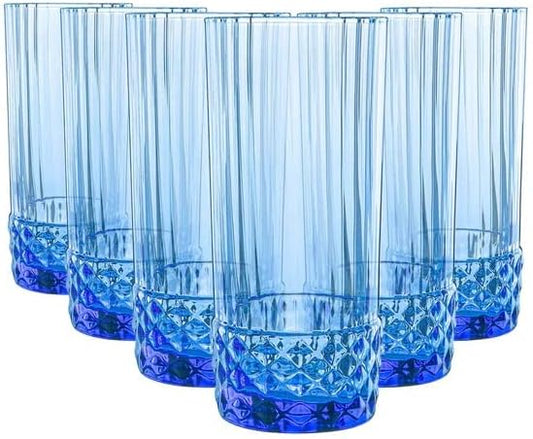 Bormioli Rocco America '20s Set Of 6 Cooler Glasses, 16.5 Oz. Colored Crystal Glass, Sapphire Blue, Made in Italy.