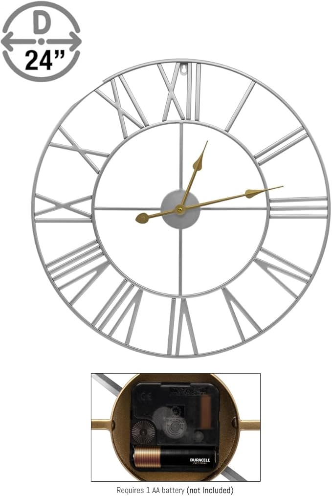 Sorbus Large Wall Clock for Living Room Decor – Easy to Hang 24-Inch Big Wall Clock – Metal Wall Art for Kitchen, Bedroom, Home, Office – Analog Decorative Wall Clock (Silver)