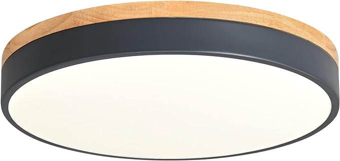 Dimmable Wood LED Flush Mount Ceiling Light, 5CCT 2700K-6000K Selectable Modern Round Close to Ceiling Lighting Fixtures, Minimalist Grey Ceiling Lamp for Living Room, Bedroom, Laundry Room