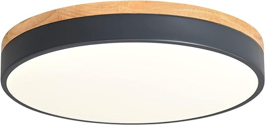 Dimmable Wood LED Flush Mount Ceiling Light, 5CCT 2700K-6000K Selectable Modern Round Close to Ceiling Lighting Fixtures, Minimalist Grey Ceiling Lamp for Living Room, Bedroom, Laundry Room