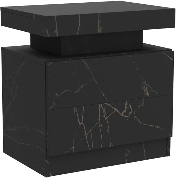LED Nightstands Set of 2, Modern End Side Table with 2 Drawers, LED Bedroom Furniture for Bedroom and Living Room, Black Marble Pattern