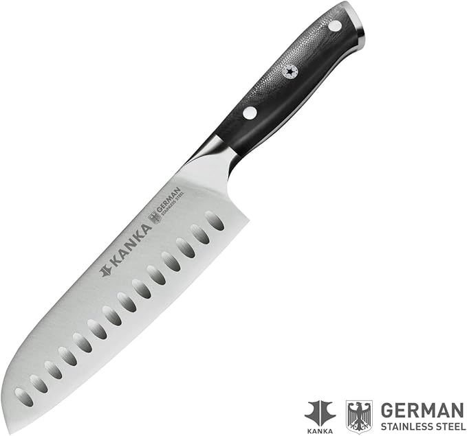 KANKA Santoku Knife - Ultra Sharp 7 inch German Stainless Steel, G10 Black Fiberglass Handle, Japanese Chefs Knife