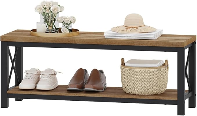 BON AUGURE Entryway Bench, Farmhouse Shoe Benches, Wooden Metal Entry Storage Bench with Shelf for Mudroom, Bedroom, Hall (47 inch Wide, Vintage Oak)