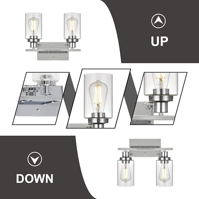 MELUCEE Sconces Wall Lighting Chrome 2-Light, Modern Bathroom Lights Over Mirror Contemporary Vanity Lighting Fixture with Clear Glass Shade (Patent No.: US D963914 S)