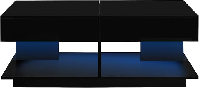 Modern High Gloss LED Coffee Table Center Table with Hidden Storage Space, Extending Top & LED Light for Living Room, Black