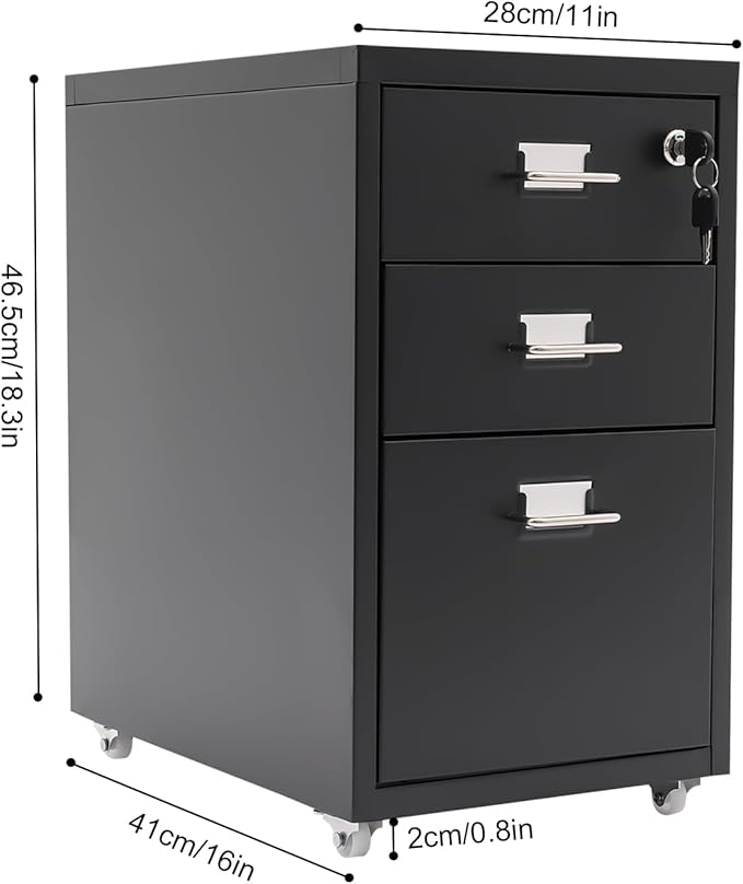3 Drawer Rolling File Cabinet with Lock, 11 x 16 x 18.3in Filing Cabinet with Wheels, Wood Under Desk Office Storage Cabinet fits A4, Letter Sized Documents for Home Office (Black)