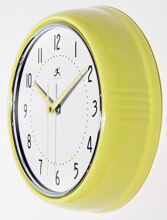 Infinity Instruments LTD. Retro 9 inch Silent Sweep Non-Ticking Mid Century Modern Kitchen Diner Wall Clock Quartz Movement Retro Wall Clock Decorative (Aura Yellow)…