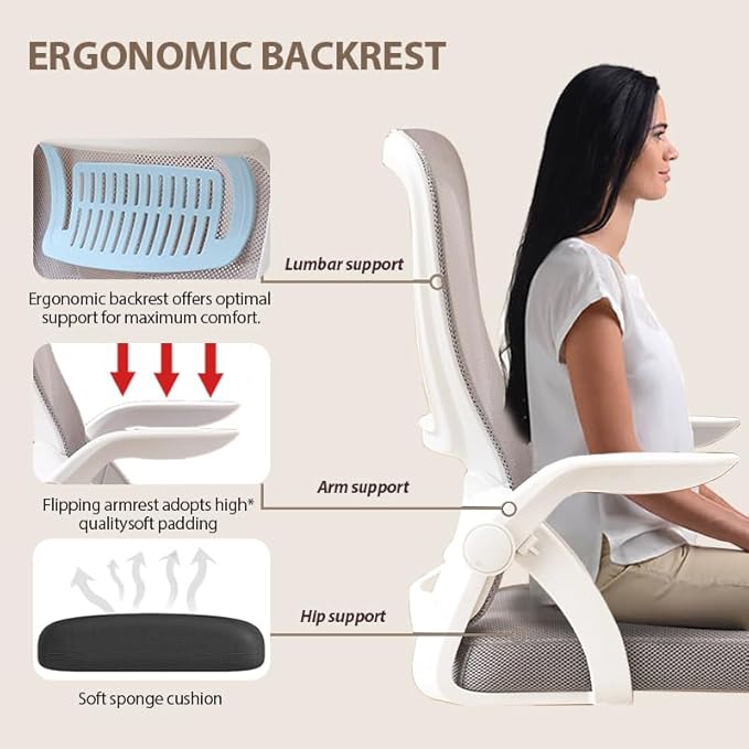 Office Chair, Ergonomic Desk Breathable Mesh Swivel Chair with Flip-Up Arms and Lumbar Support Computer for Home Office