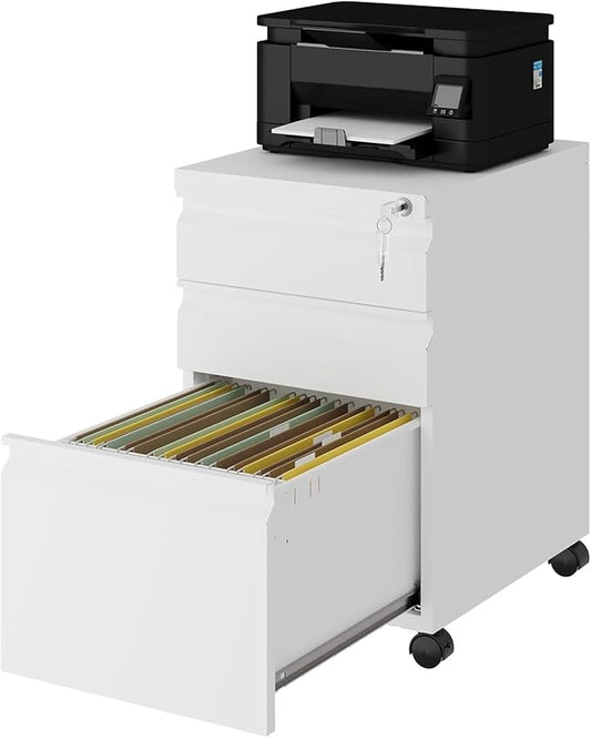 3 Drawer File Cabinet with Lock,Mobile Filing Cabinets,Metal Small Rolling File Cabinet,Under Desk Office Drawers for Legal/Letter/A4 File, Assembly Required,White