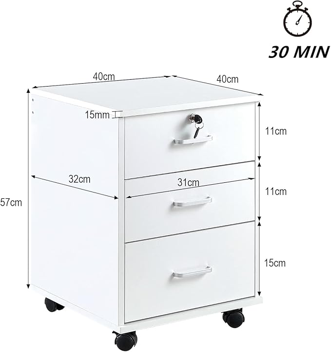 Mobile File Cabinet with Lockable Drawer, 3-Drawers Under Desk Storage Cabinet with 360°Swivel Wheels, Wooden Stationery Storage Cabinet for Legal/Letter/ A4 Documents (White)
