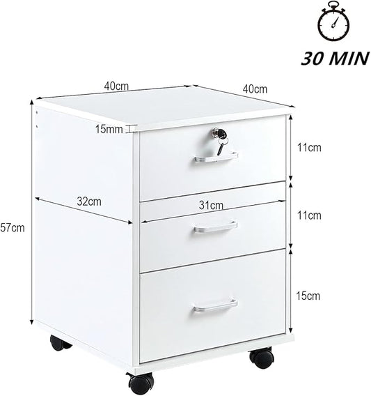 Mobile File Cabinet with Lockable Drawer, 3-Drawers Under Desk Storage Cabinet with 360°Swivel Wheels, Wooden Stationery Storage Cabinet for Legal/Letter/ A4 Documents (White)