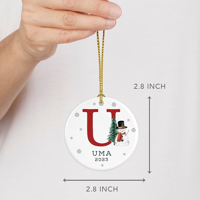 Andaz Press Personalized Ornament, Custom Name, Initial U Monogram Snowman 2.8" Ceramic Porcelain 2025 Christmas Ornament Keepsake for Kids, Boys, Girls, Includes Gold Ribbon & Gift Box, 1-Pack