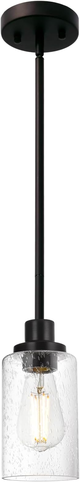 Black 1-Light Pendant Light with Seeded Glass Shade, Farmhouse Mini Chandelier Ceiling Lighting for Kitchen Island Bar Loft, Hanging Ceiling Lamp E26 Bulb Base