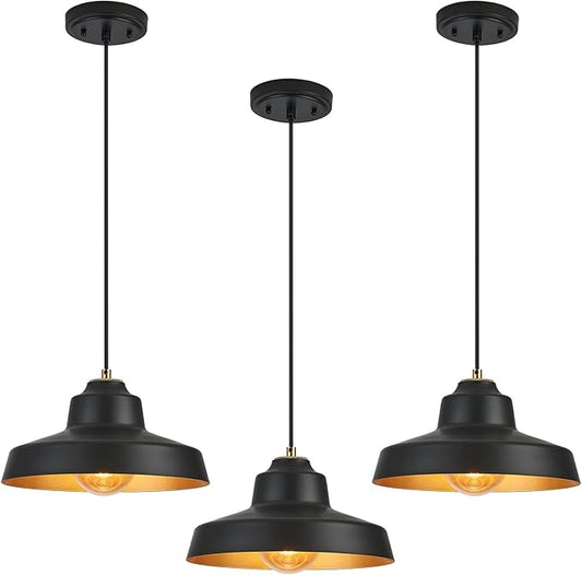 12 Inch Black Pendant Light Fixture,Farmhouse Hanging Lamp Adjustable Height Dome Pendant Lights for Kitchen Island Dining Room,3 Pack
