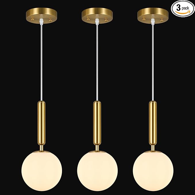 Modern Hanging Light Fixture Pendant Lighting for Kitchen Island Mid Century Gold Pendant Lights with Globe Milky White Glass Pendant Light for Bedroom Bathroom Entryway (3 Pack)