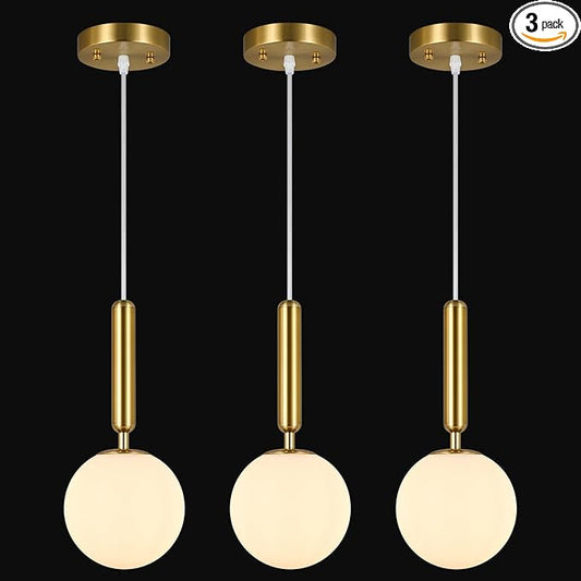 Modern Hanging Light Fixture Pendant Lighting for Kitchen Island Mid Century Gold Pendant Lights with Globe Milky White Glass Pendant Light for Bedroom Bathroom Entryway (3 Pack)