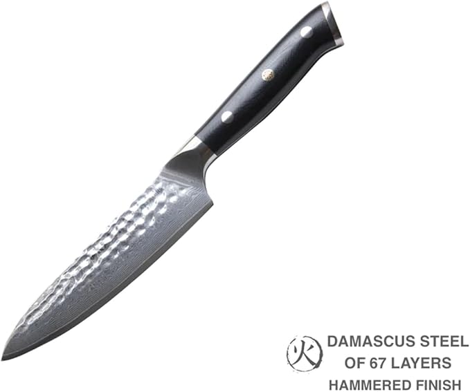 KANKA Grill 5" Damascus Steel Utility Knife - Professional 67 Layers, Hammered Finish, G10 Fiberglass Handle, Razor Sharp Kitchen Blade for Cooking, BBQ, Meat, Veggies & Slicing - Black