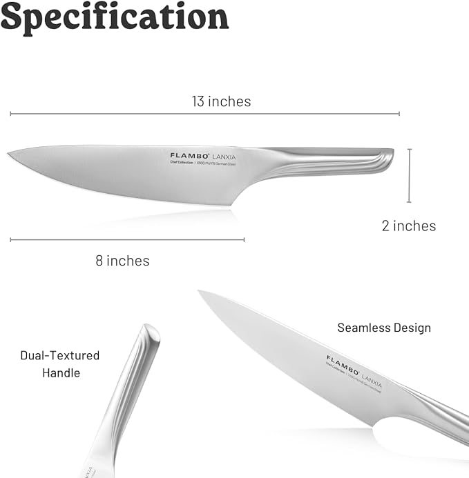 Flambo 8 Inch Chef Knife - Premium German Steel Kitchen Knives with Precision 15° Edge, Easy to Hold Ergonomic All-Metal Handle, Lightweight, Balanced, Easy to Clean Kitchen Knife